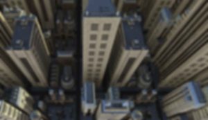 Blurred aerial view of city skyscrapers.