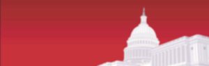 Capitol building silhouette on red background.